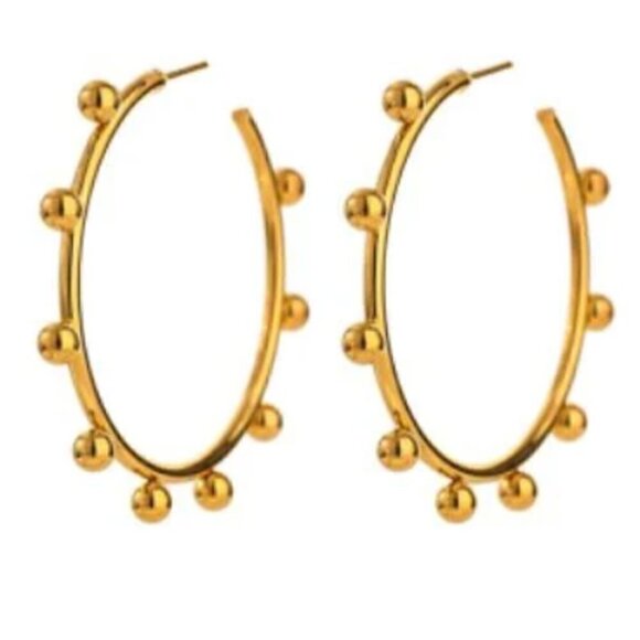 Gold Plated Stainless Steel Big Hoops with Ball Earrings - Picture 2 of 6